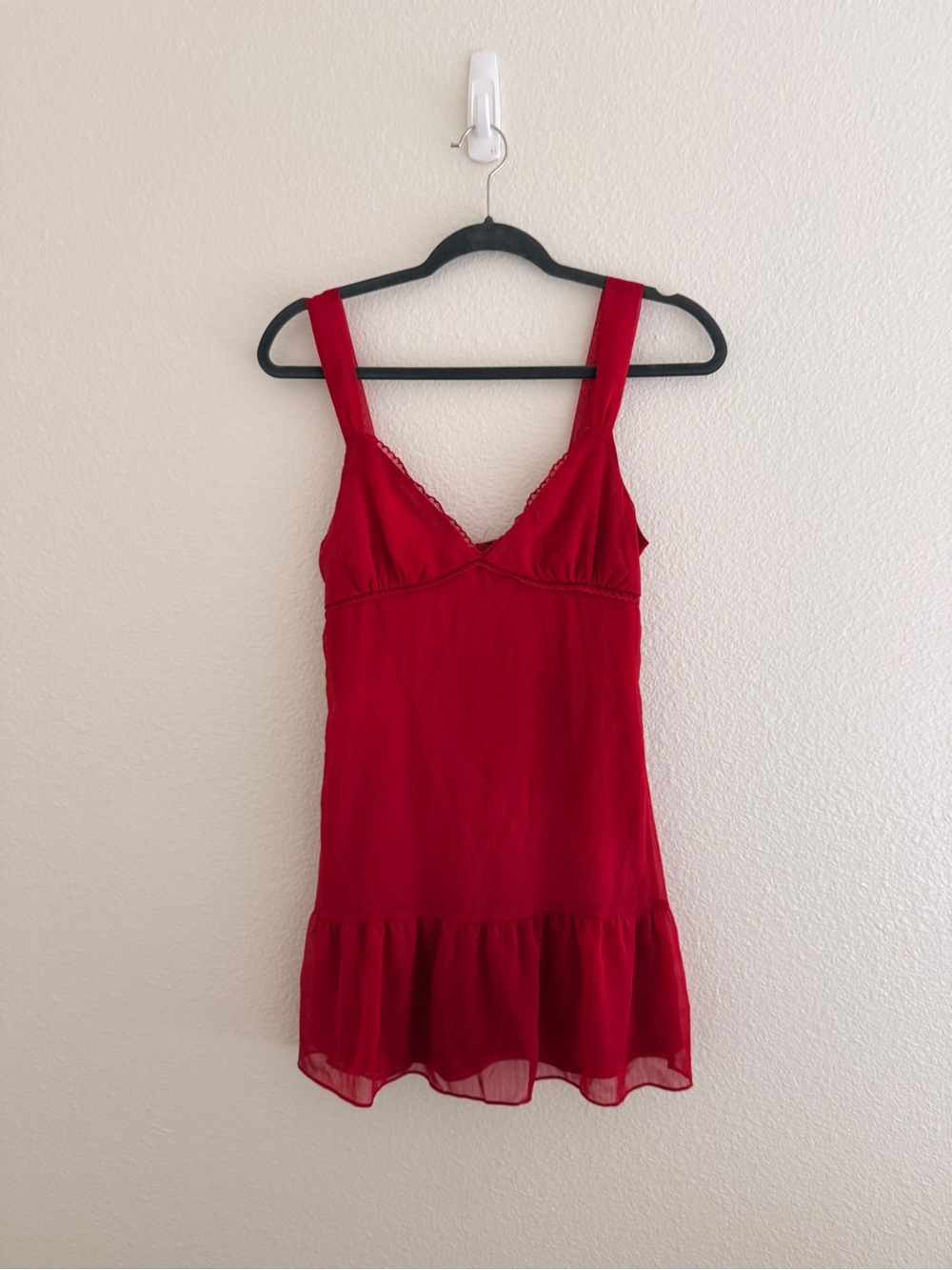 Red Lace-Trim Mini Dress with Ruffle Hem